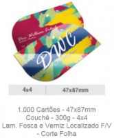 1.000 Cartões - 47x87mm Couchê - 300g - 4x4 Lam. Fosca e Verniz Localizado F/V - Corte Folha