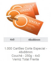 1.000 Cartões Corte Especial - 48x88mm Couchê Fosco - 300g - 4x0 Verniz Localizado Frente
